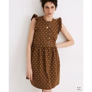 NWT Madewell Cotton Button Front Polka Dot Ruffle Sleeve Mini Dress Olive Tan 6